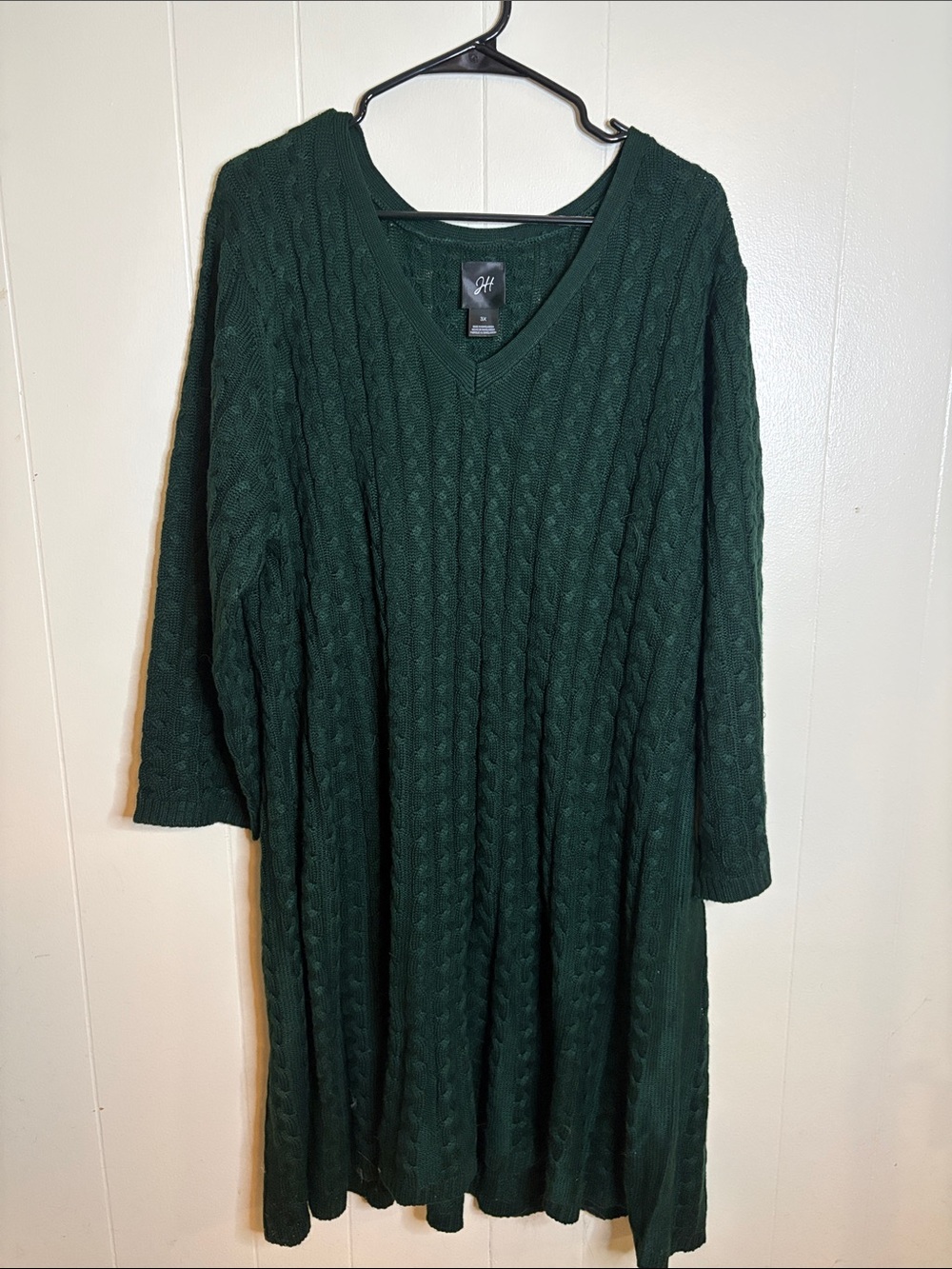 Dark Green Cable Knit V-Neck Sweater Dress